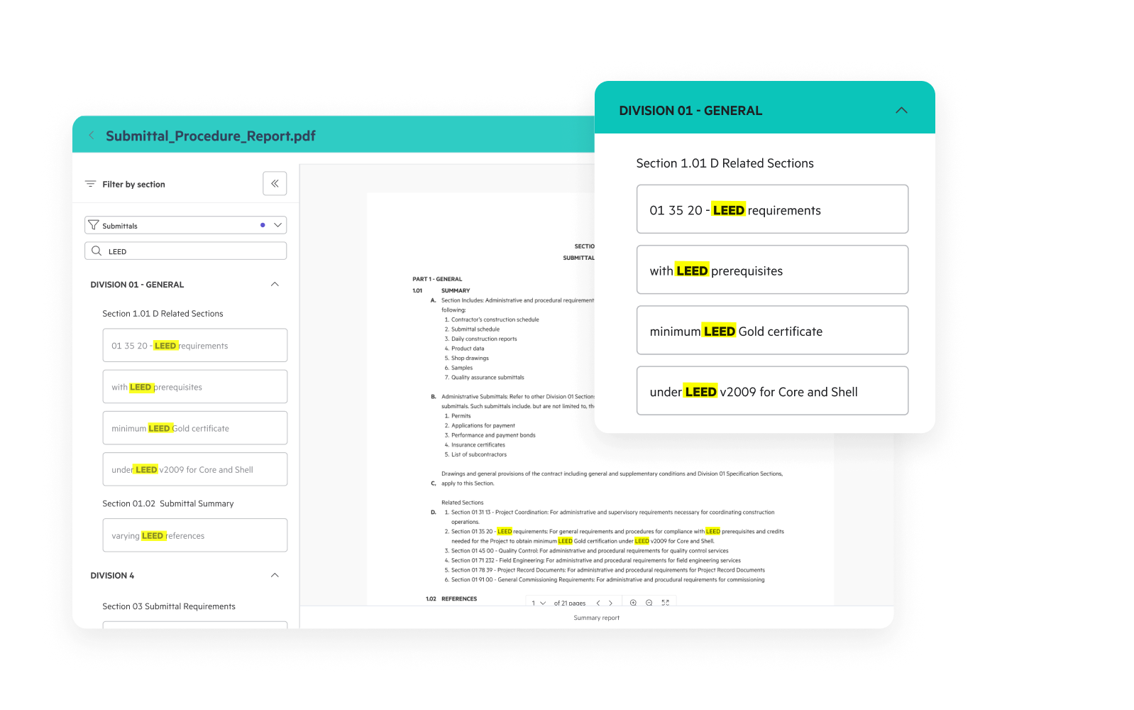 Egnyte Specs Analyst highlighting LEED requirements in submittal PDF