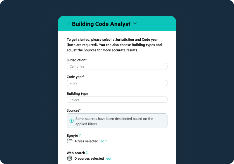 Egnyte Building Code Analyst setup screen