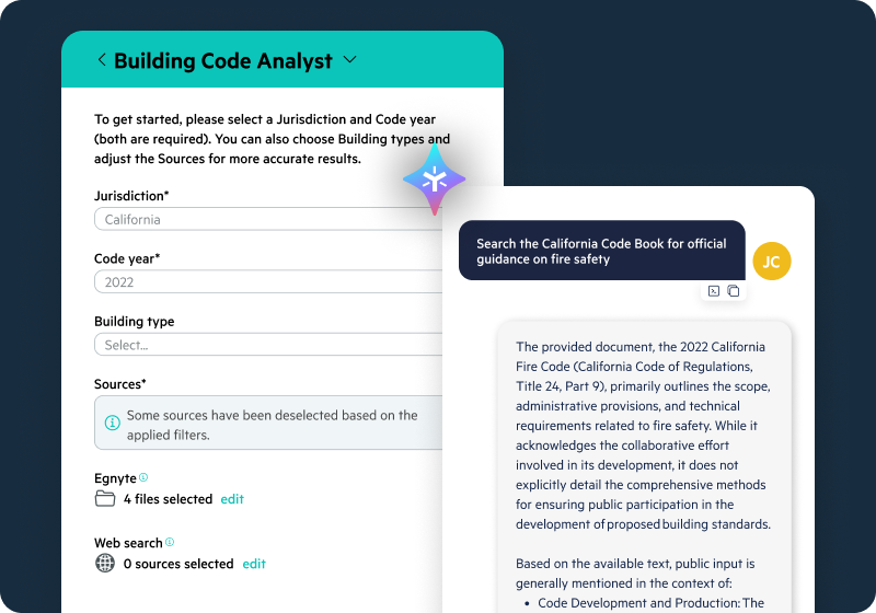Egnyte Code Analyst interface with fire safety code guidance
